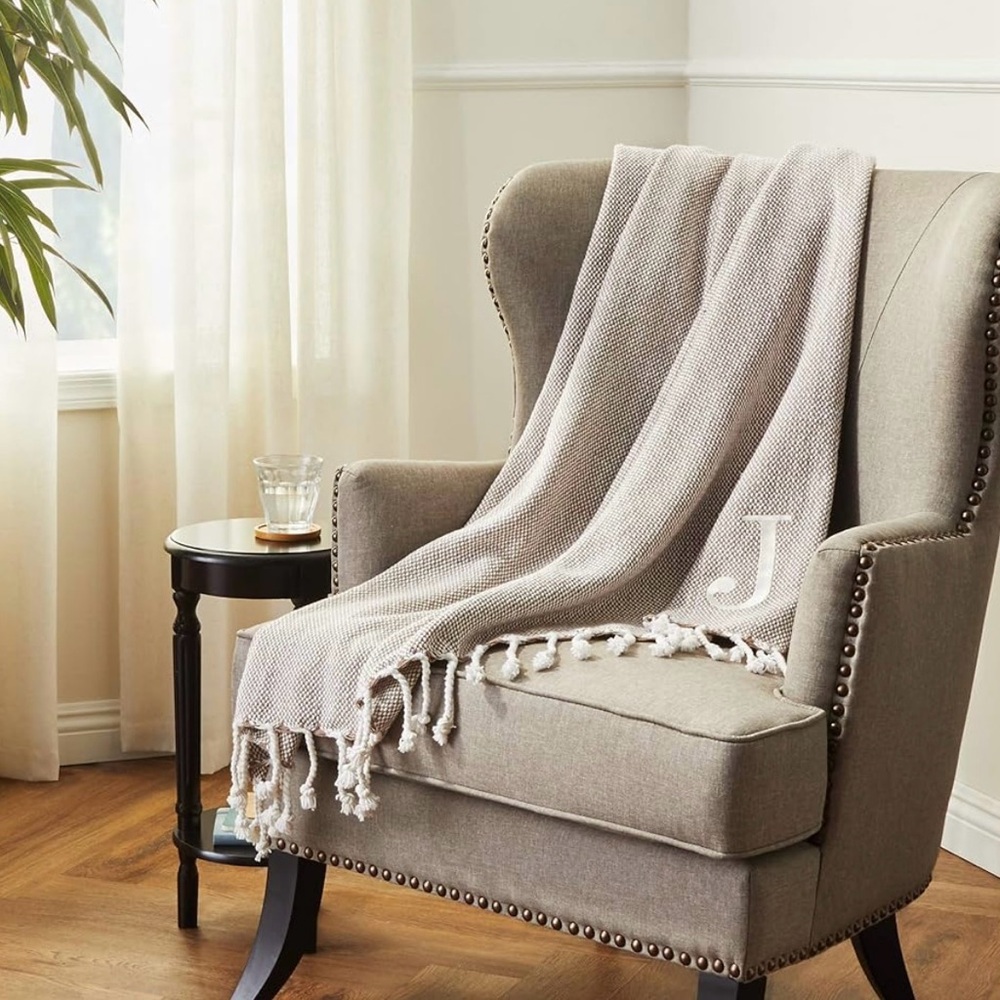 MUD PIE Monogrammed "J" Woven Neutral Tan White Throw Blanket NEW